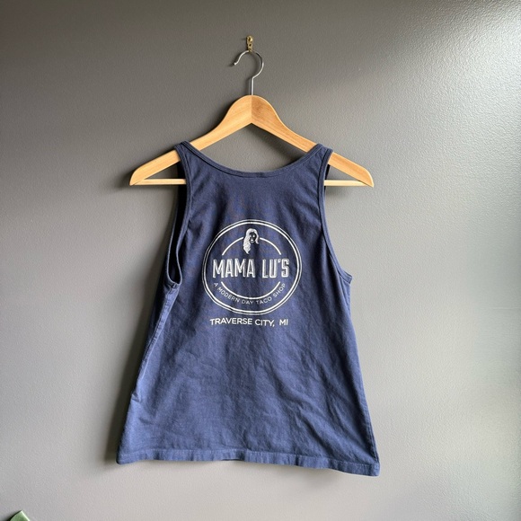Mama Lou's Women Margs Tacos and Beach Graphic Tee Size M Navy Blue Scoop Neck - Picture 2 of 3